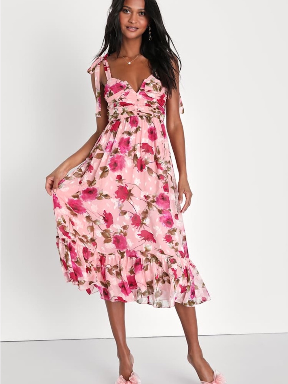 Lulu's Pink Floral Tie-Shoulder Midi Dress